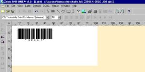Zebra BAR-ONE version 5 running on Windows, showing a label design with a
                  Code 39 barcode reading HELLO. The title bar names the printer as a
                  Z4M55/TLP2844 at 200 dpi.