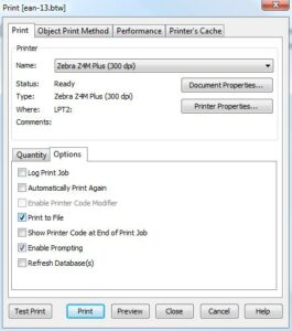 The BarTender print dialogue on the Options tab with the Print to File
                  checkbox ticked. The printer is a Zebra Z4M Plus at 300 dpi and the label
                  file is named ean-13.