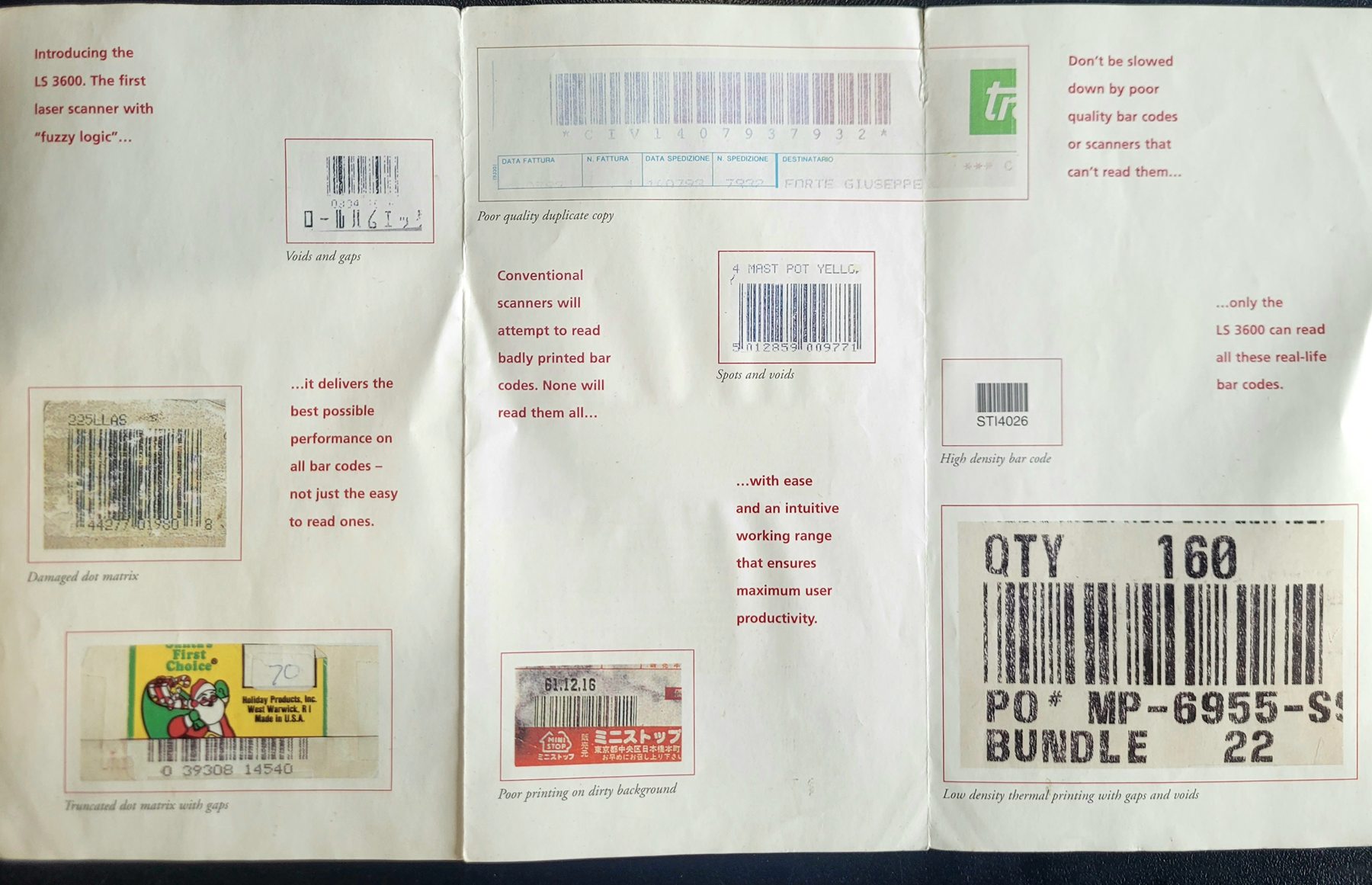 The inside spread of a 1995 Symbol Technologies flyer for the LS 3600 scanner, showing eight real barcodes cut from packaging and paperwork, each ringed in red and captioned with what is wrong with it: voids and gaps, damaged dot matrix, poor quality duplicate copy, spots and voids, high density, truncated dot matrix with gaps, poor printing on a dirty background, and low density thermal printing with gaps and voids.