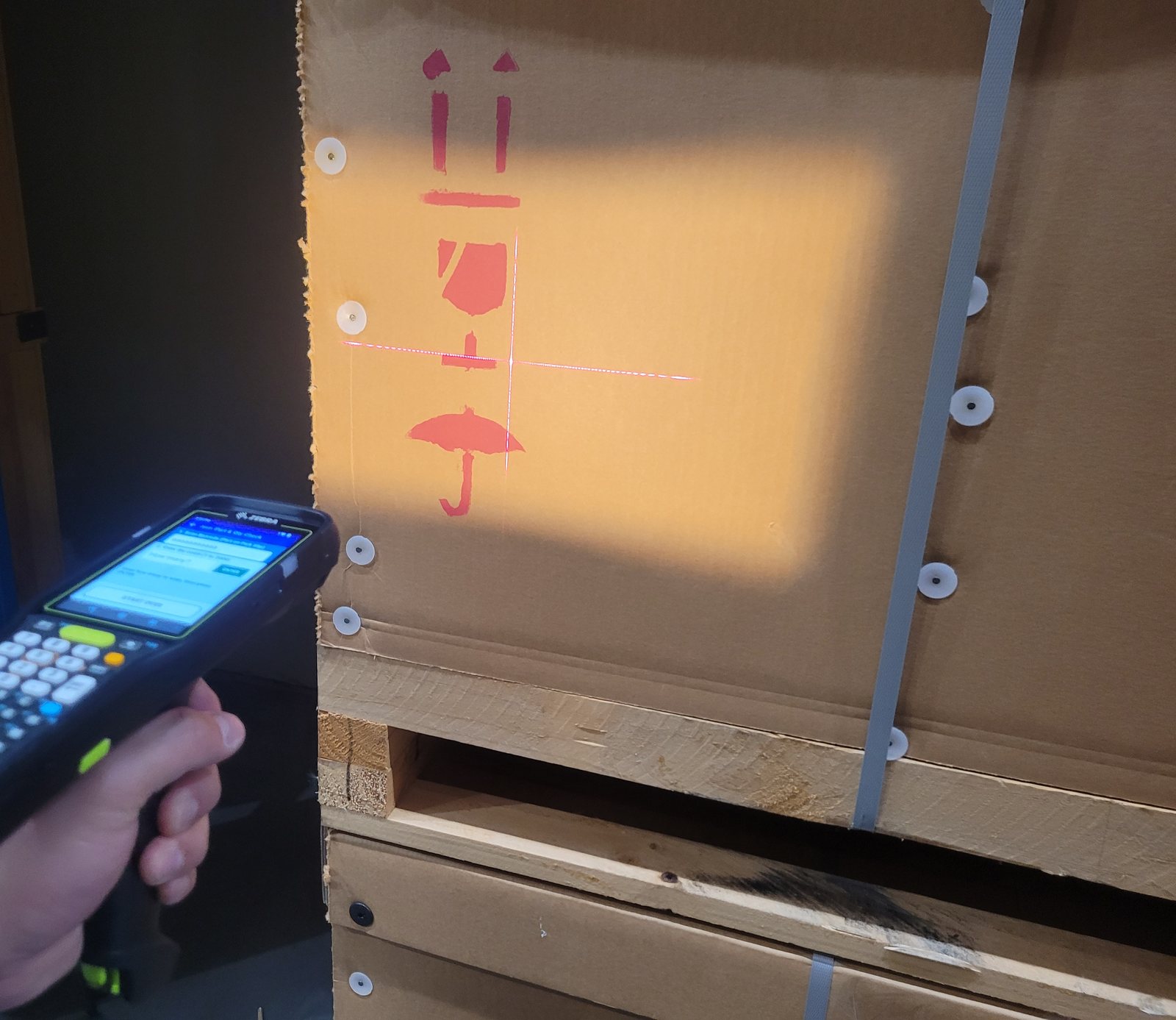 The red aiming pattern of a Zebra 2D imager thrown across the side of a
                  strapped timber and cardboard crate from a handheld held about a metre away