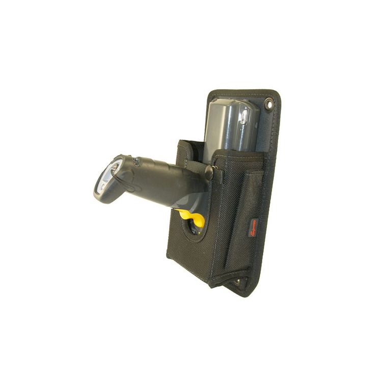 A black fabric holster with a mounting flange, holding a gun-grip terminal, with an eyelet visible at the top corner of the flange.