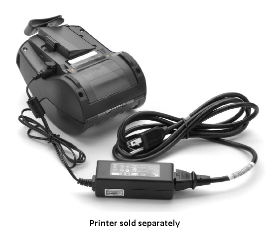 The Zebra charger - a mains power brick with its lead coiled beside a Zebra ZQ6-series mobile printer. The printer is shown for scale and is not included.