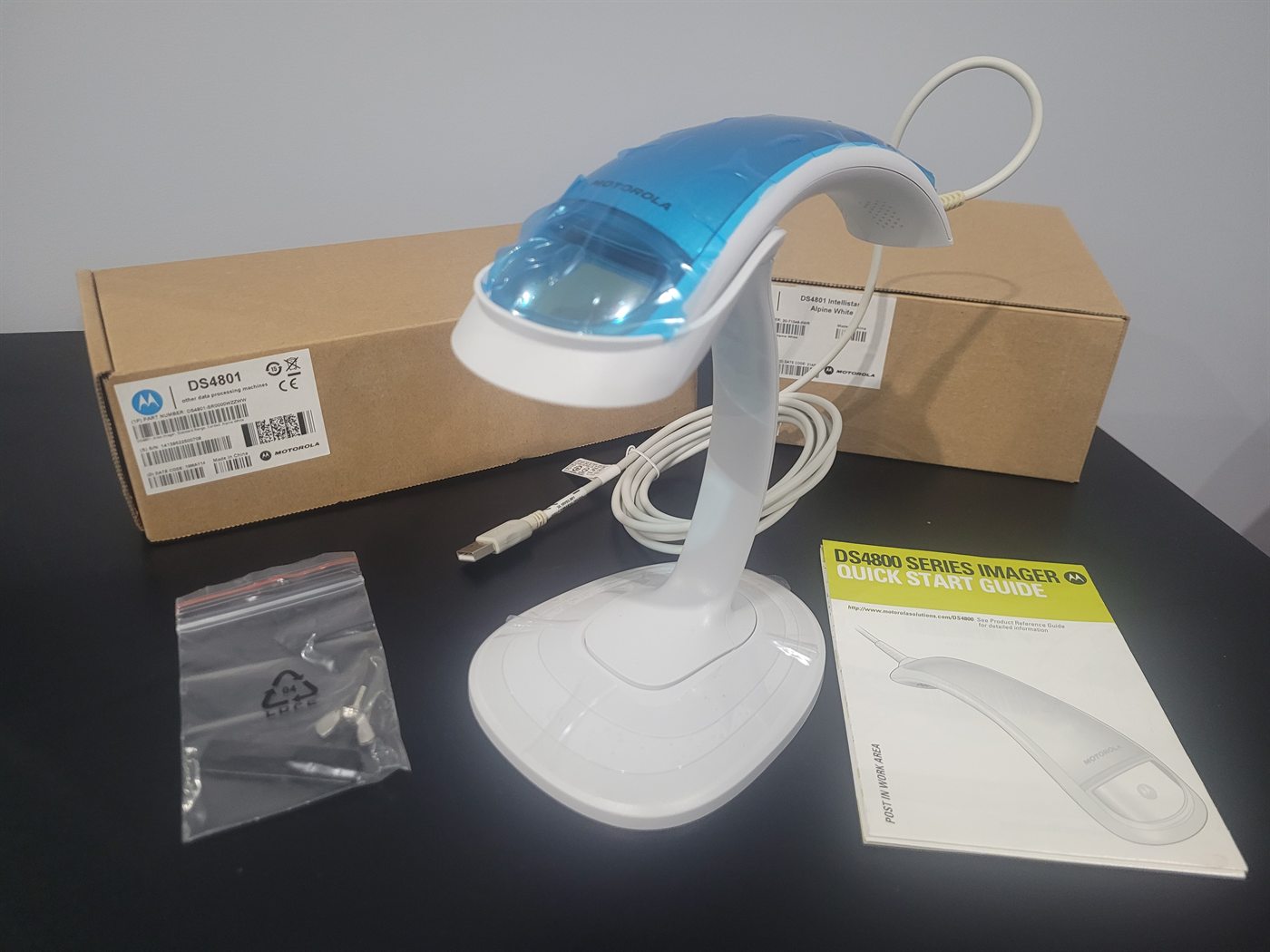 Motorola DS4801 USB Alpine White 2D Scanner, new in its box, photographed with everything included in the carton