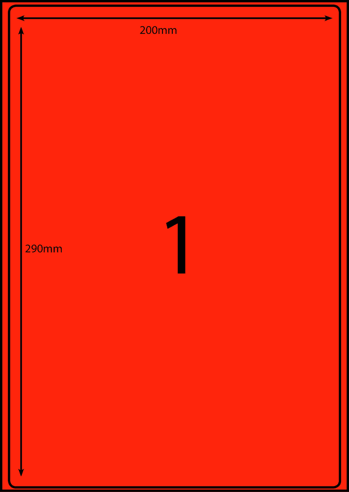 200 x 290 mm red A4 sheet label, 1 per sheet, 1 across.
