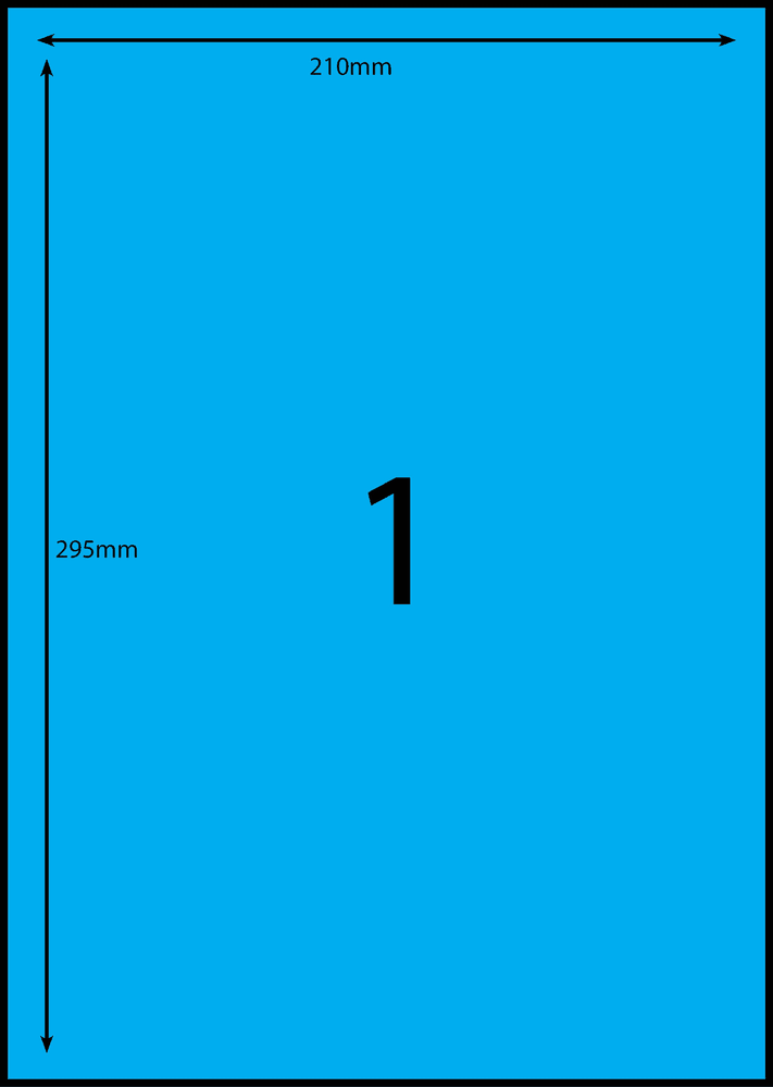 210 x 296 mm blue A4 sheet label, 1 per sheet, 1 across.