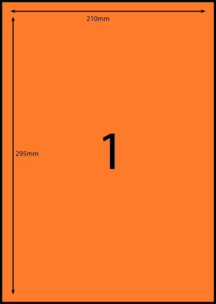 210 x 296 mm orange A4 sheet label, 1 per sheet, 1 across.