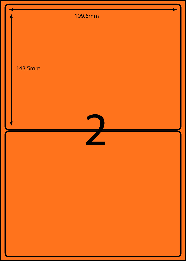 199.6 x 143.5 mm orange A4 sheet label, 2 per sheet, 1 across.