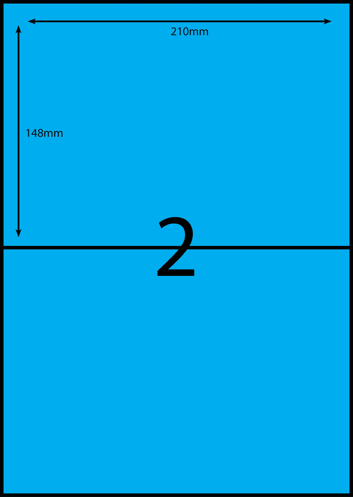 210 x 148 mm blue A4 sheet label, 2 per sheet, 1 across.