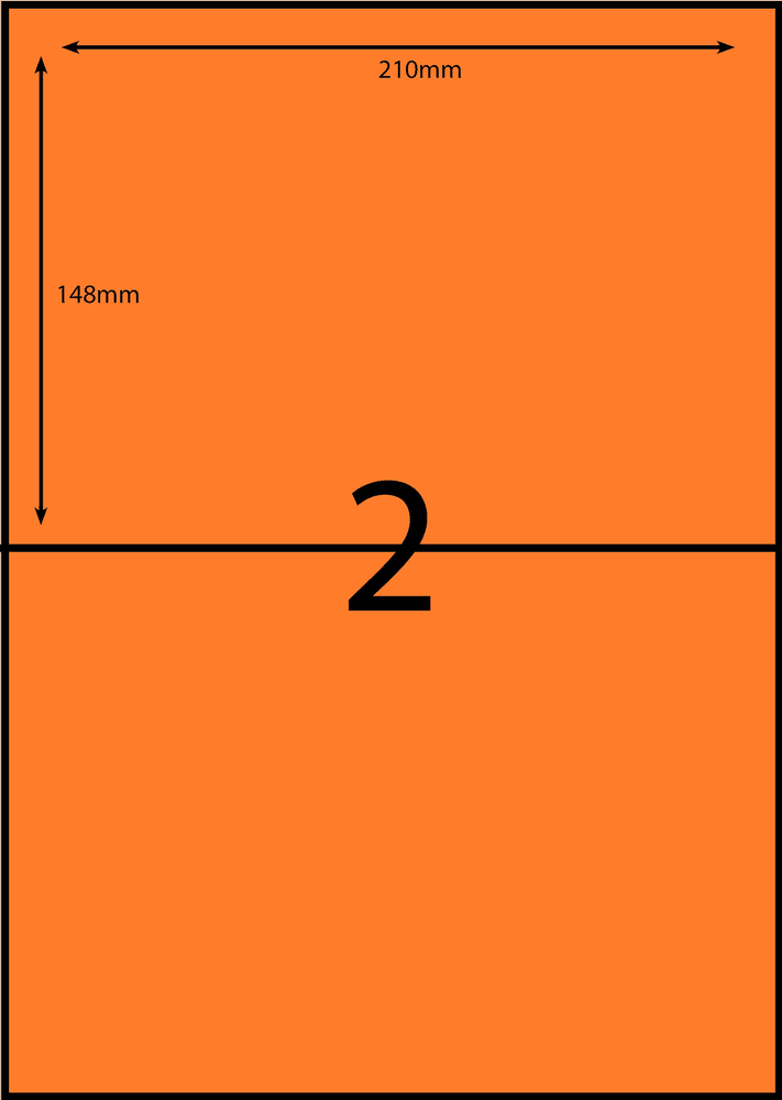 210 x 148 mm orange A4 sheet label, 2 per sheet, 1 across.