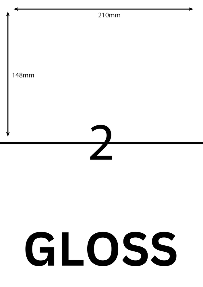210 x 148 mm white A4 sheet label, 2 per sheet, 1 across.