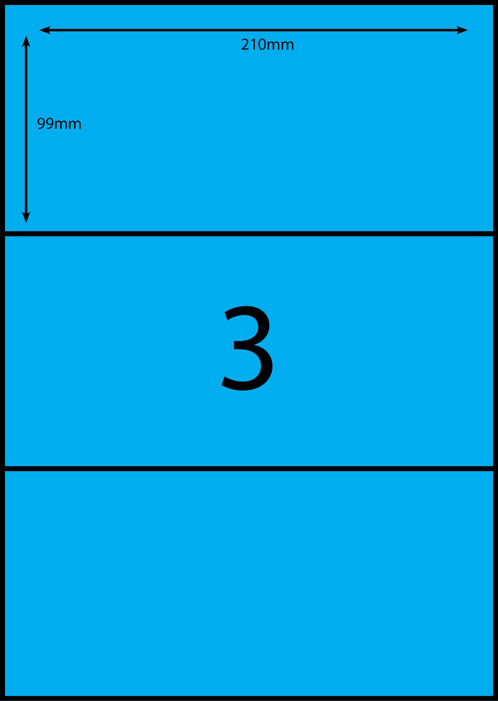 210 x 98.6 mm blue A4 sheet label, 3 per sheet, 1 across.
