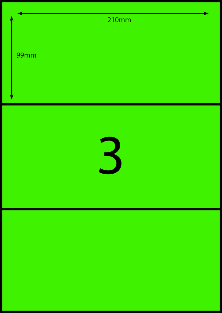 210 x 98.6 mm green A4 sheet label, 3 per sheet, 1 across.