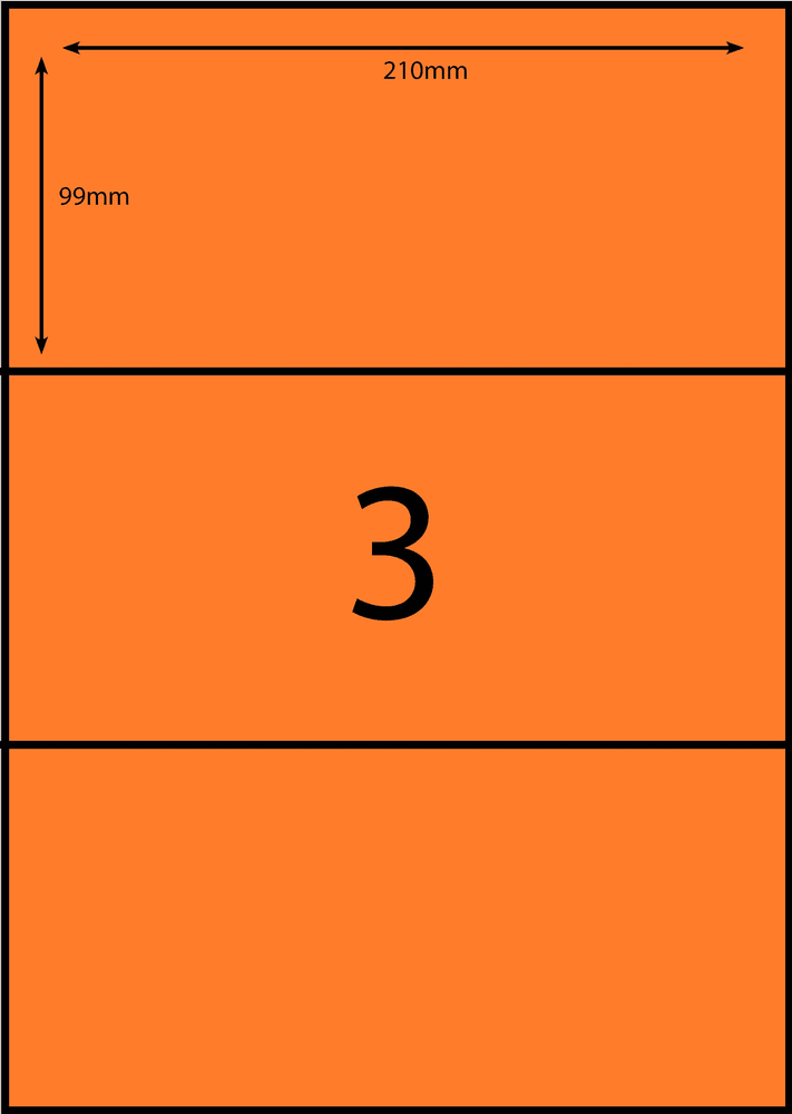 210 x 98.6 mm orange A4 sheet label, 3 per sheet, 1 across.