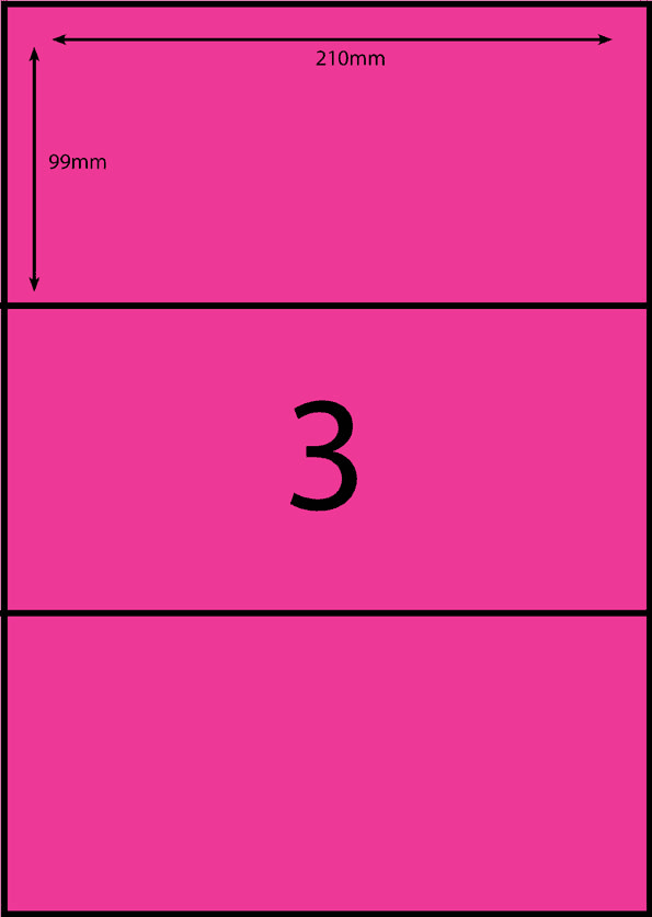 210 x 98.6 mm pink A4 sheet label, 3 per sheet, 1 across.