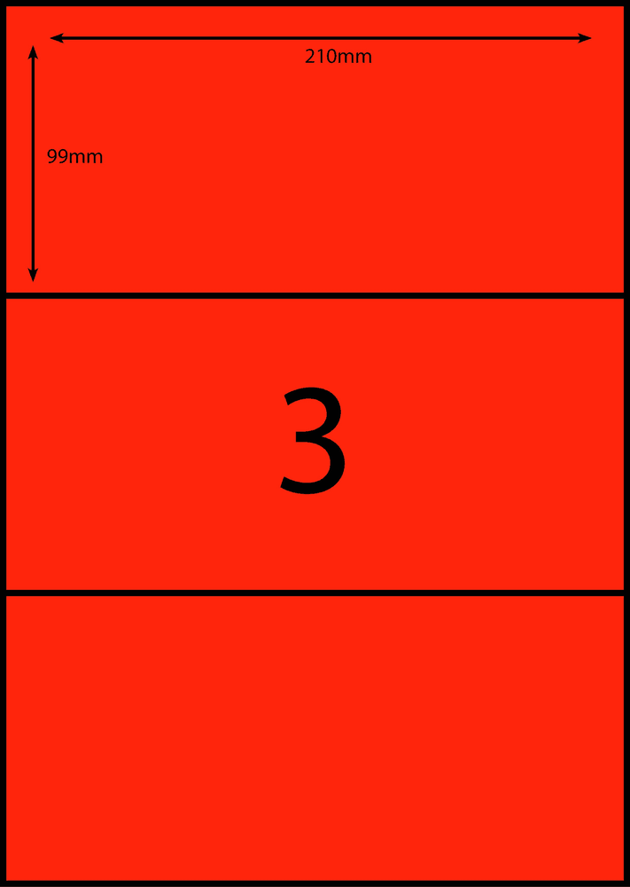210 x 98.6 mm red A4 sheet label, 3 per sheet, 1 across.