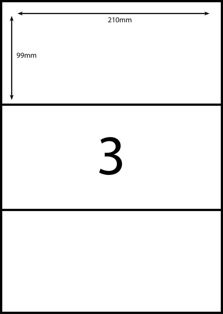 210 x 98.6 mm white A4 sheet label, 3 per sheet, 1 across.