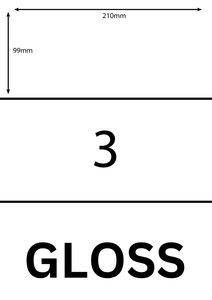 210 x 98.6 mm white A4 sheet label, 3 per sheet, 1 across.