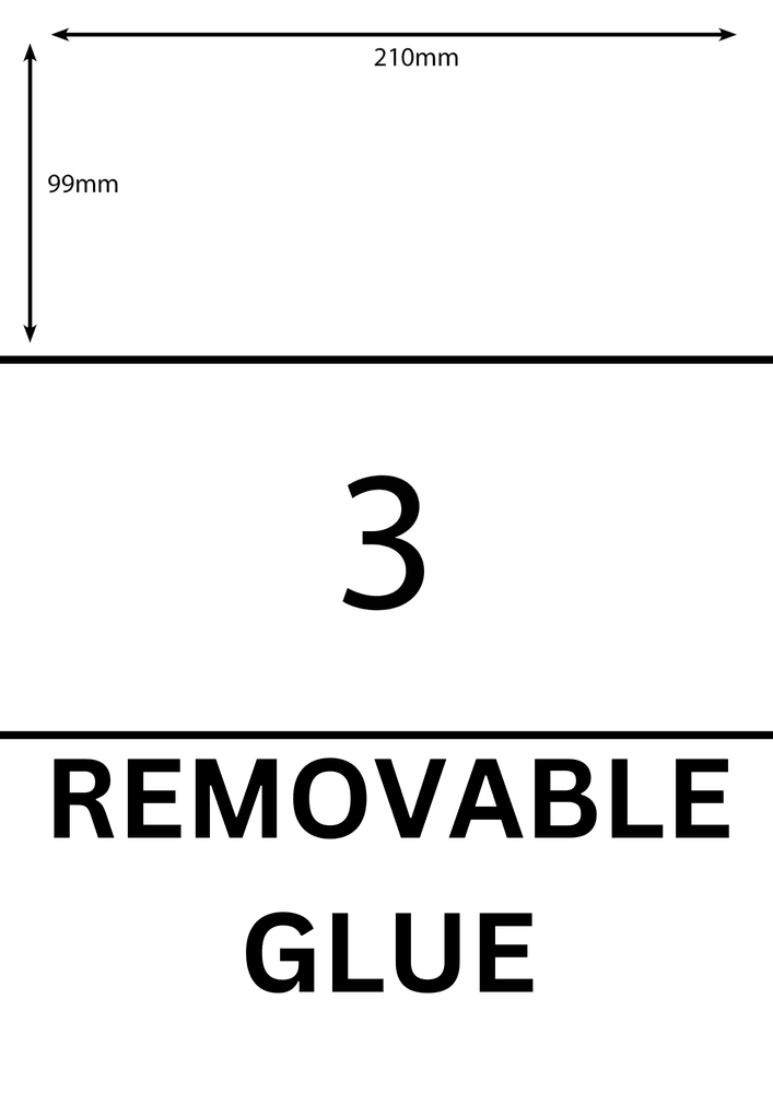 210 x 98.6 mm white A4 sheet label, 3 per sheet, 1 across.