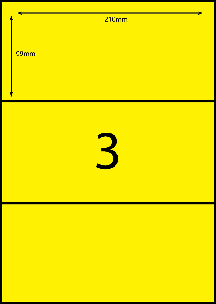 210 x 98.6 mm yellow A4 sheet label, 3 per sheet, 1 across.