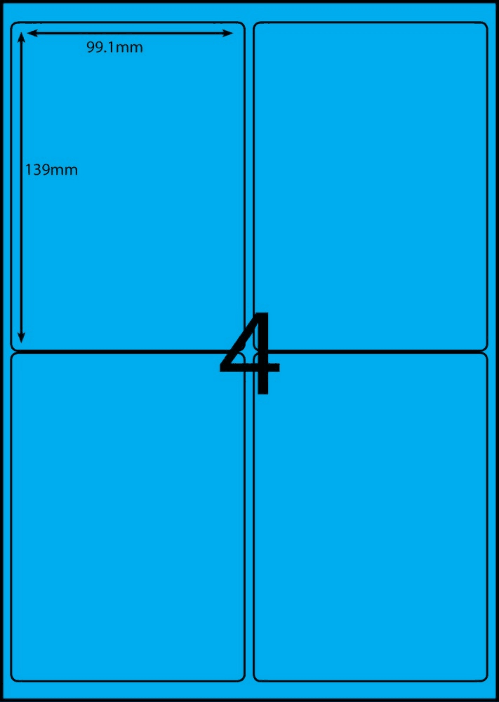 99.1 x 139 mm blue A4 sheet label, 4 per sheet, 2 across.