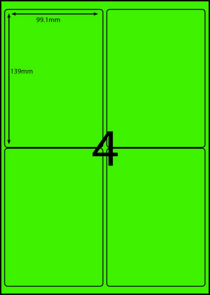 99.1 x 139 mm green A4 sheet label, 4 per sheet, 2 across.
