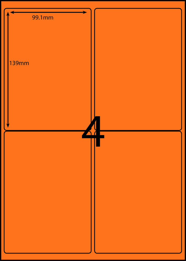 99.1 x 139 mm orange A4 sheet label, 4 per sheet, 2 across.
