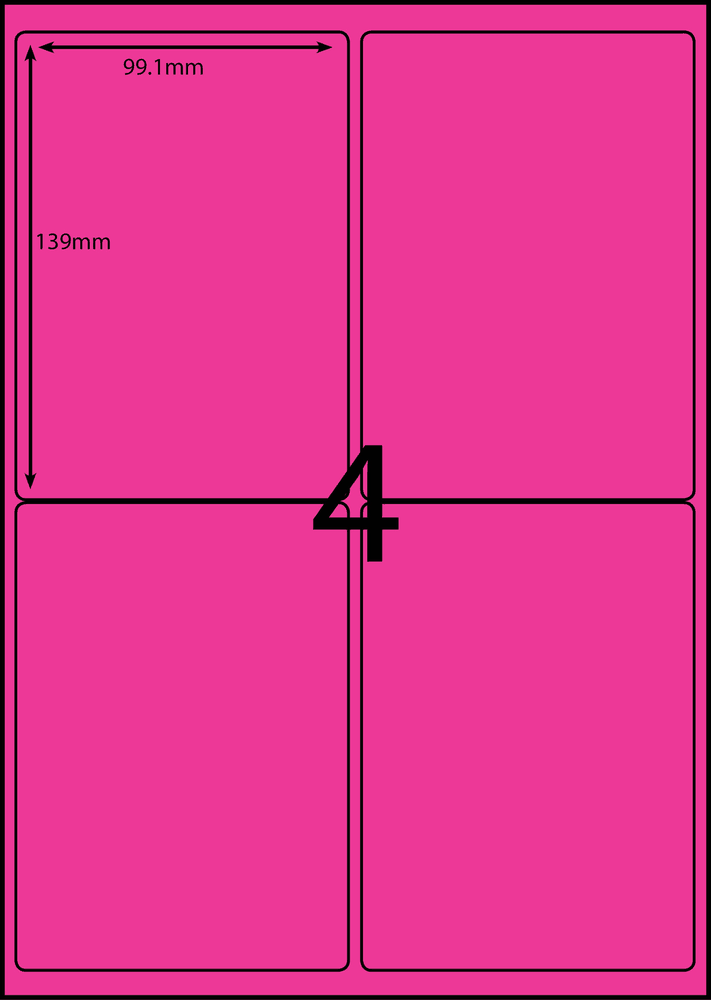 99.1 x 139 mm pink A4 sheet label, 4 per sheet, 2 across.