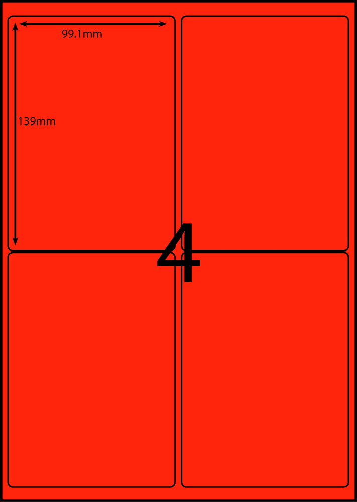 99.1 x 139 mm red A4 sheet label, 4 per sheet, 2 across.