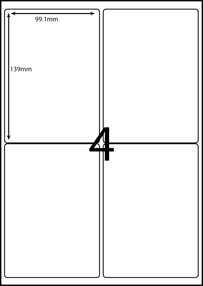 99.1 x 139 mm white A4 sheet label, 4 per sheet, 2 across.