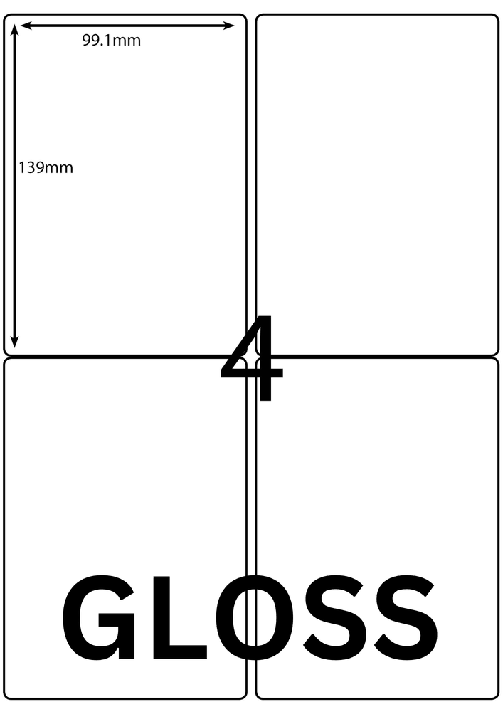 99.1 x 139 mm white A4 sheet label, 4 per sheet, 2 across.
