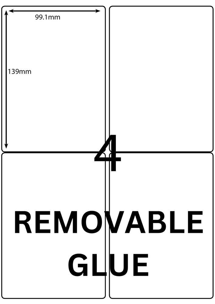 99.1 x 139 mm white A4 sheet label, 4 per sheet, 2 across.