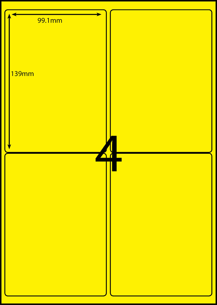 99.1 x 139 mm yellow A4 sheet label, 4 per sheet, 2 across.