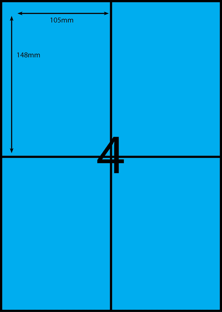 105 x 148 mm blue A4 sheet label, 4 per sheet, 2 across.