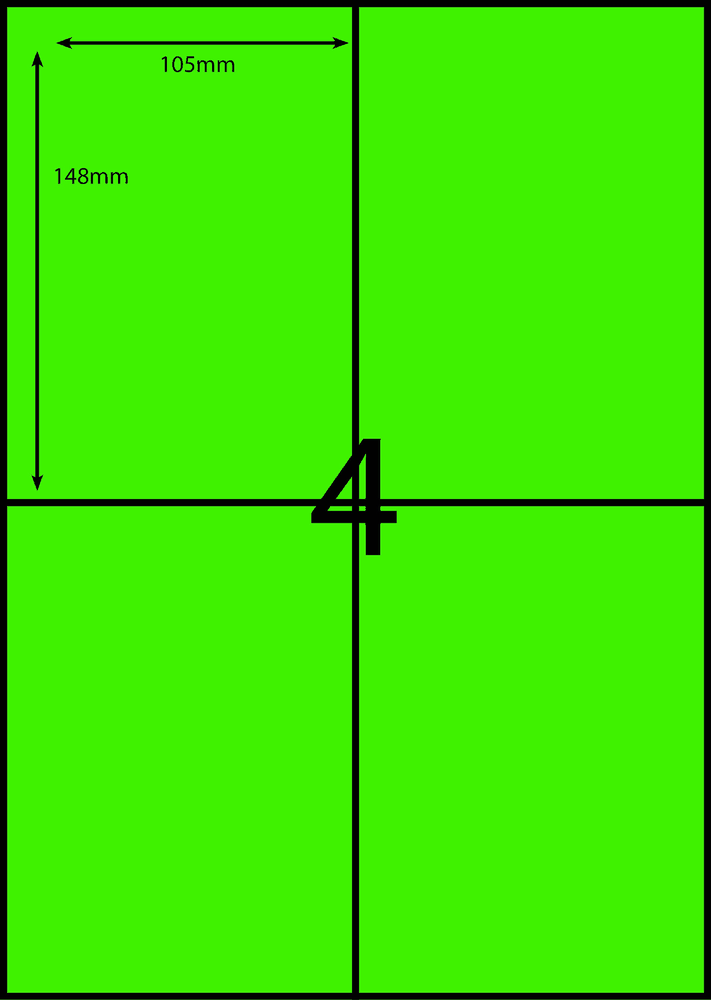 105 x 148 mm green A4 sheet label, 4 per sheet, 2 across.