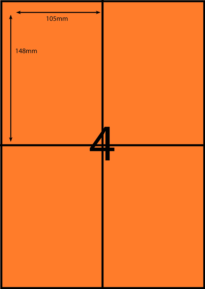 105 x 148 mm orange A4 sheet label, 4 per sheet, 2 across.