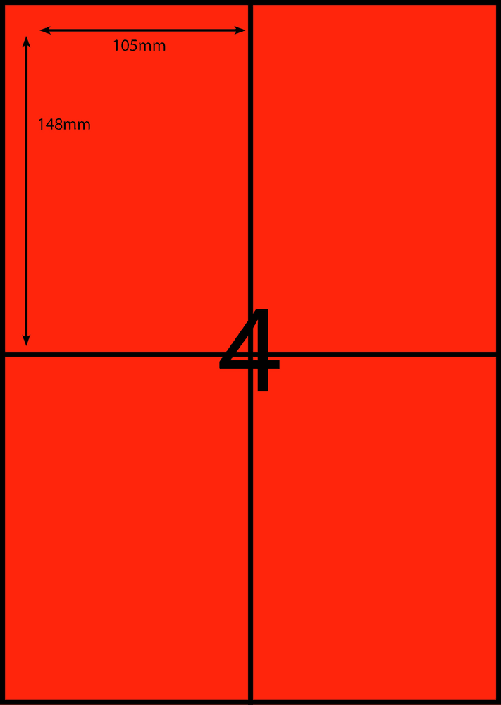 105 x 148 mm red A4 sheet label, 4 per sheet, 2 across.