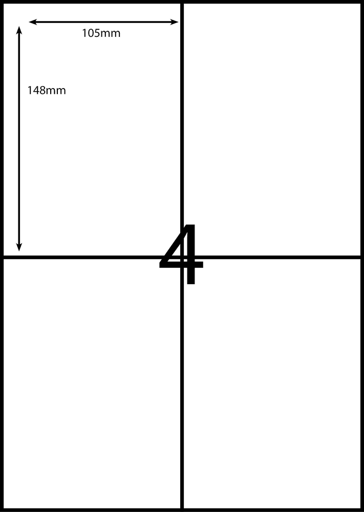 105 x 148 mm white A4 sheet label, 4 per sheet, 2 across.