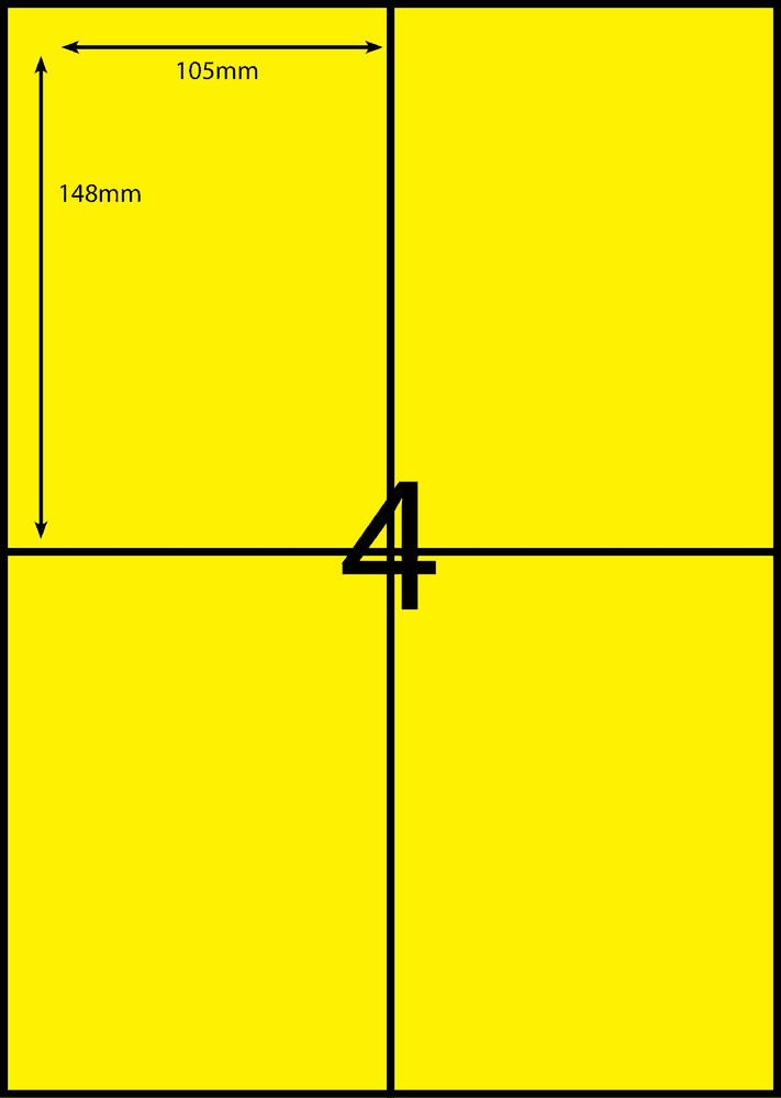 105 x 148 mm yellow A4 sheet label, 4 per sheet, 2 across.