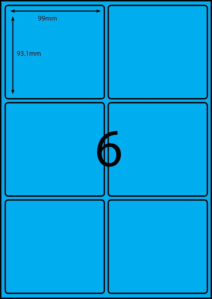 99 x 93.1 mm blue A4 sheet label, 6 per sheet, 2 across.
