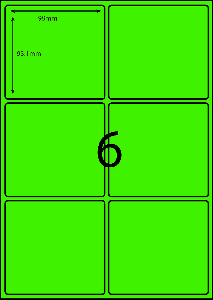 99 x 93.1 mm green A4 sheet label, 6 per sheet, 2 across.
