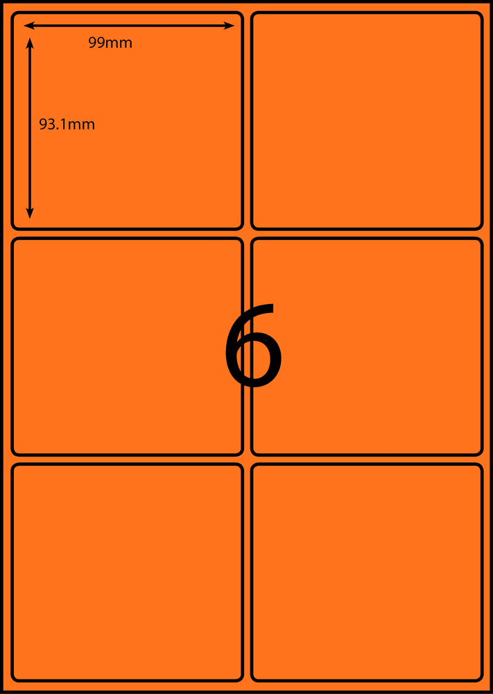 99 x 93.1 mm orange A4 sheet label, 6 per sheet, 2 across.