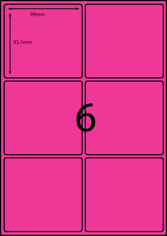 99 x 93.1 mm pink A4 sheet label, 6 per sheet, 2 across.