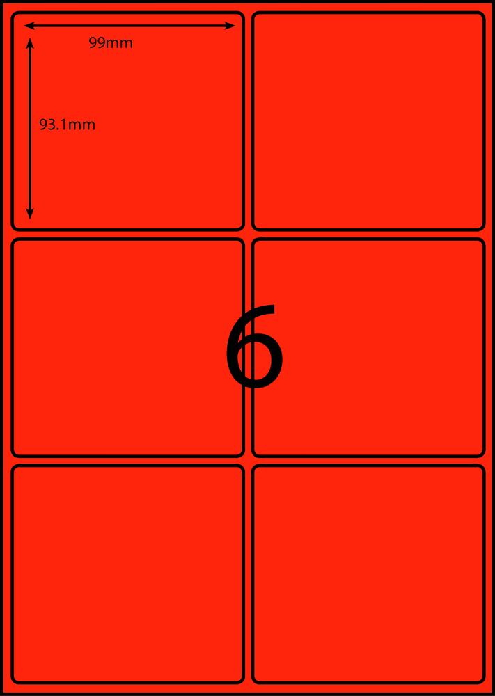 99 x 93.1 mm red A4 sheet label, 6 per sheet, 2 across.