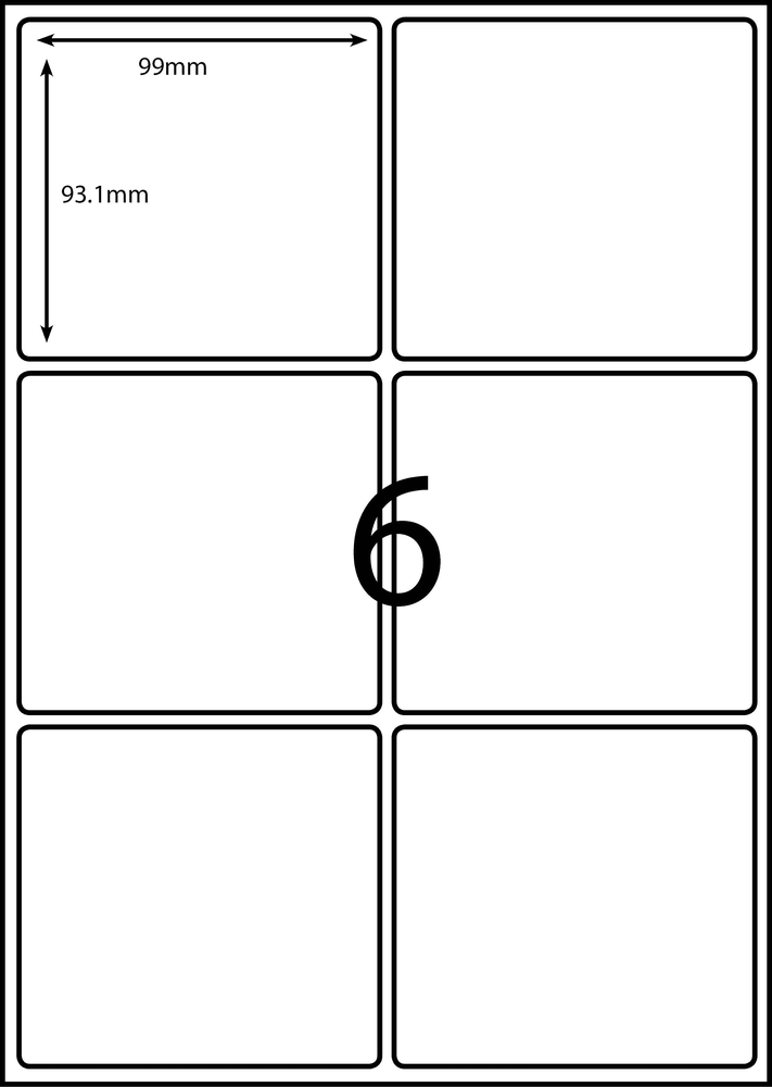 99 x 93.1 mm white A4 sheet label, 6 per sheet, 2 across.