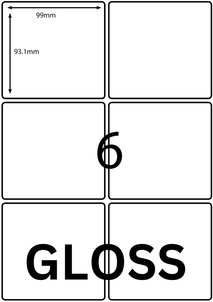 99 x 93.1 mm white A4 sheet label, 6 per sheet, 2 across.