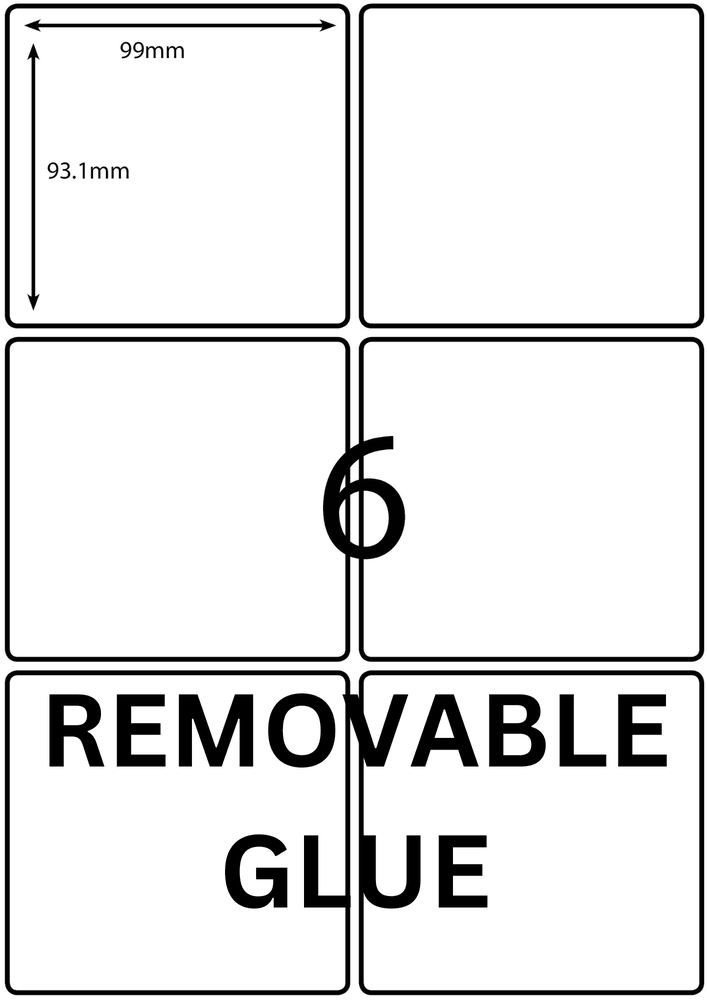 99 x 93.1 mm white A4 sheet label, 6 per sheet, 2 across.