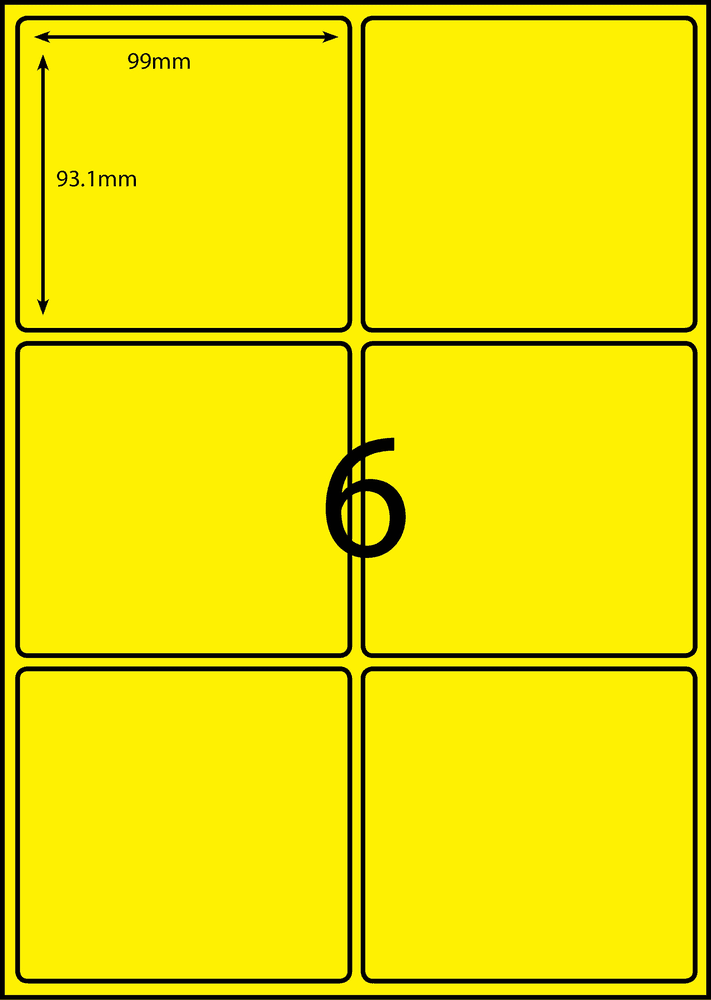 99 x 93.1 mm yellow A4 sheet label, 6 per sheet, 2 across.