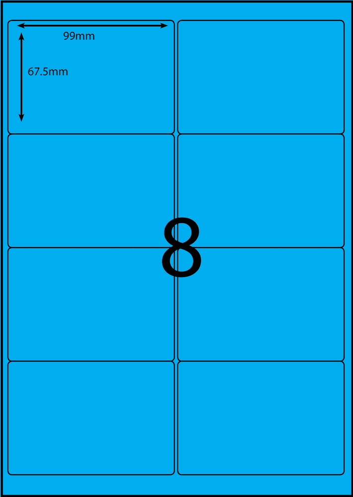99 x 67.5 mm blue A4 sheet label, 8 per sheet, 2 across.