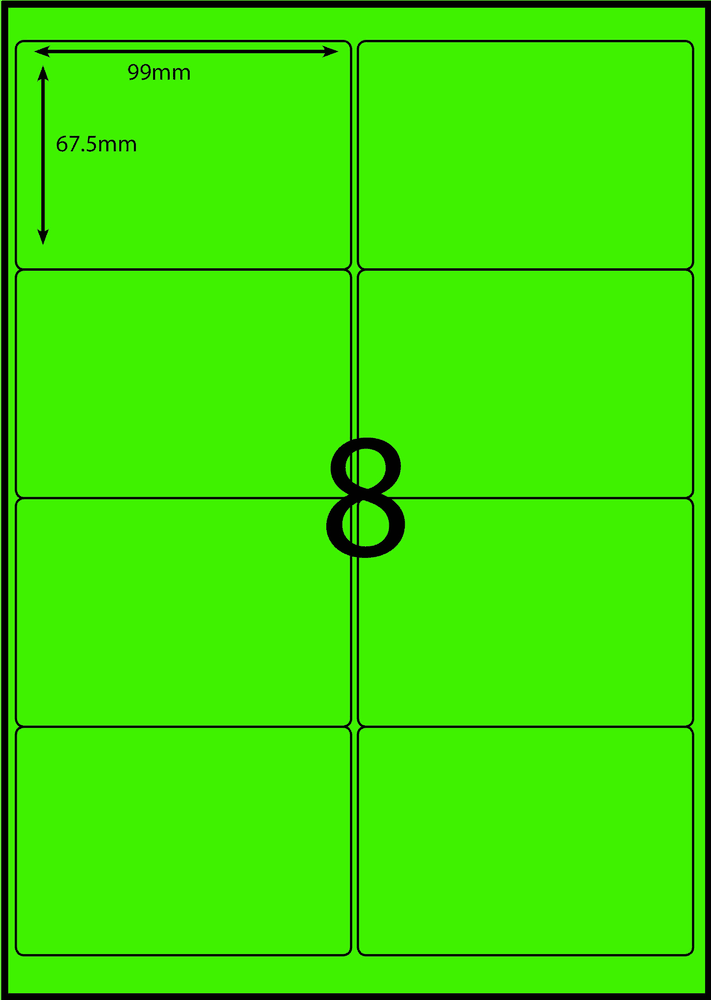 99 x 67.5 mm green A4 sheet label, 8 per sheet, 2 across.
