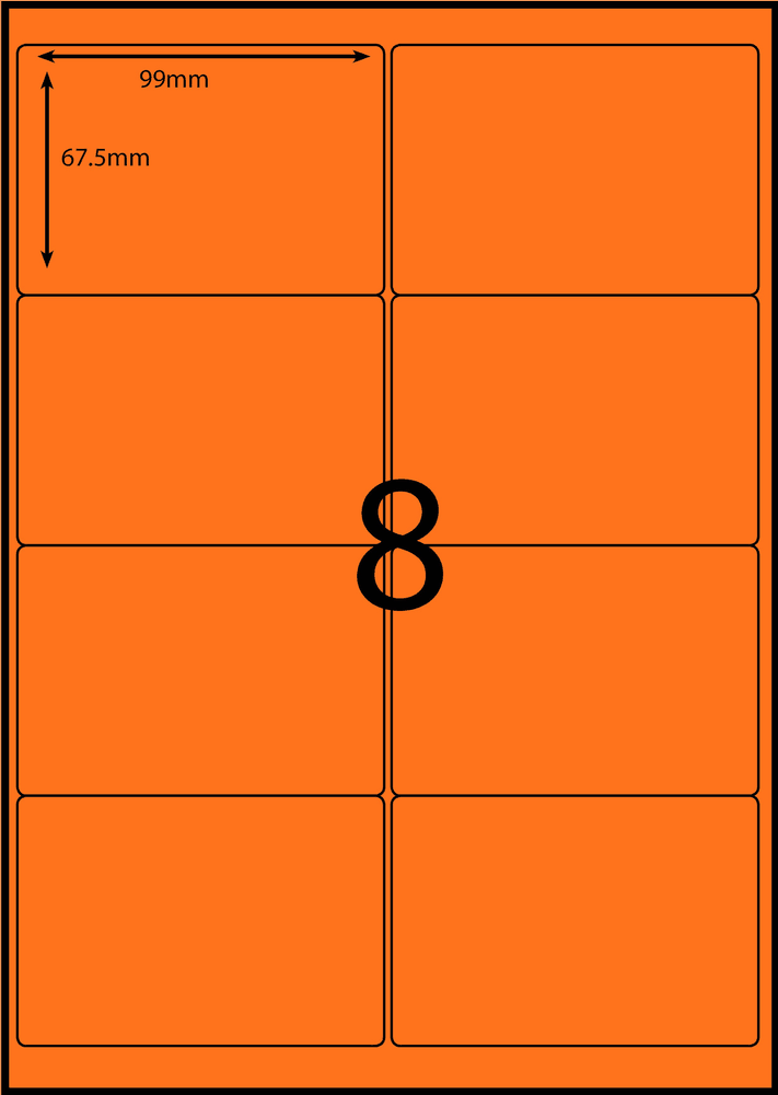 99 x 67.5 mm orange A4 sheet label, 8 per sheet, 2 across.